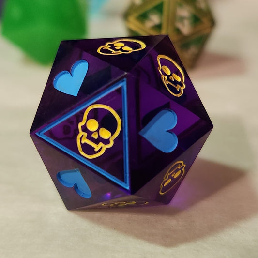 20 Sided Purple Die with alternating light blue hearts and yellow skulls
