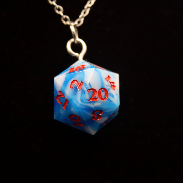 Blue and White swirl D20 necklace inked Red on a 24in Stainless Steel Chain.