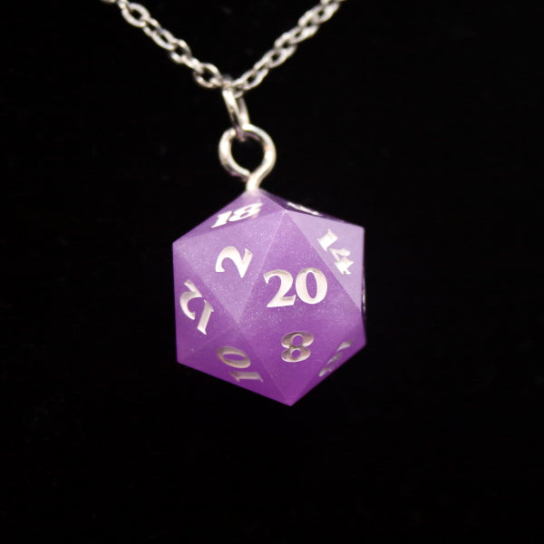 light purple D20 Dice necklace on a 24 inch stainless steel chain.
