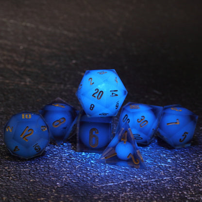 Glowing blue sphere core Dice set with Gold ink