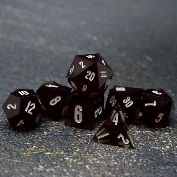 Red Shadowy sphere core Dice set with white ink
