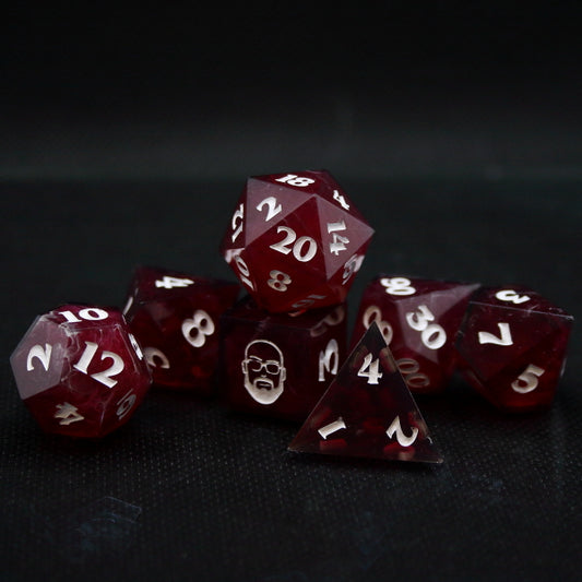 red core dark shell dice set inked in white