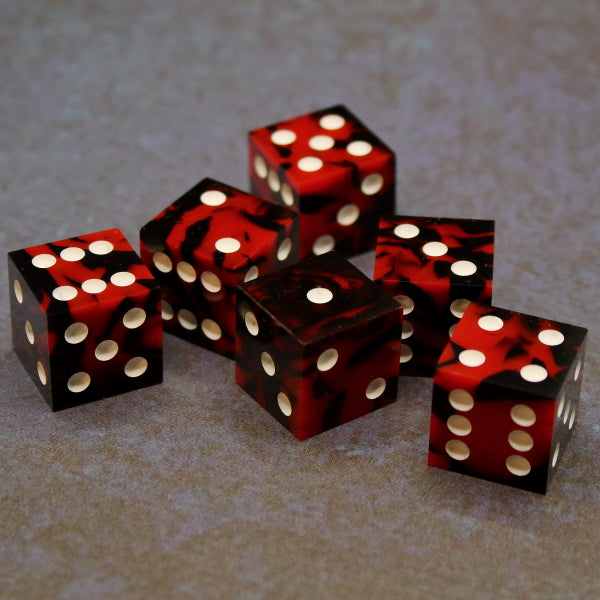 6 red and black swirl D6 dice inked in white
