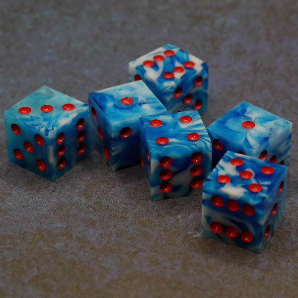 6 Blue and White swirl D6 set of dice inked Red.