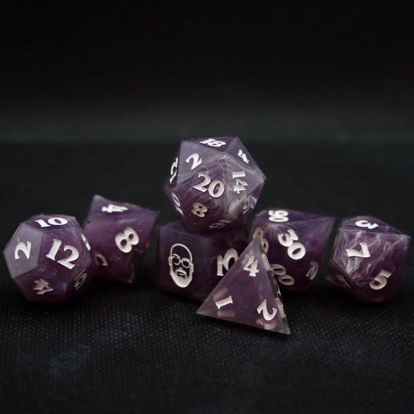 7 piece Dark Amethyst colored Dice set inked in white.