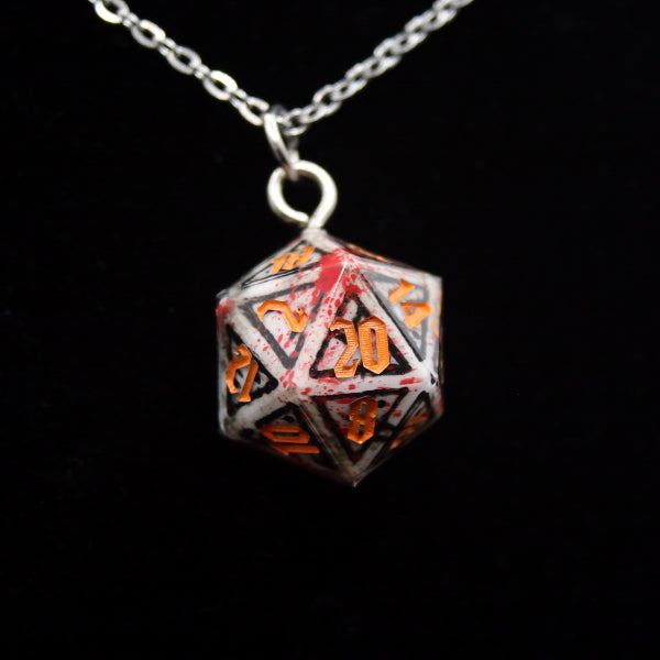 Krieg Themed white with red spatter D20 necklace.