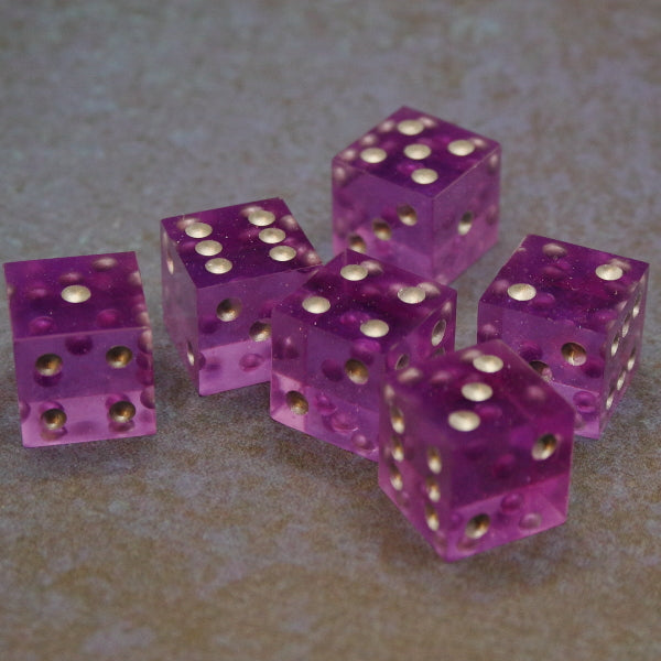 Set of 6 purple pip D6s inked in silver.