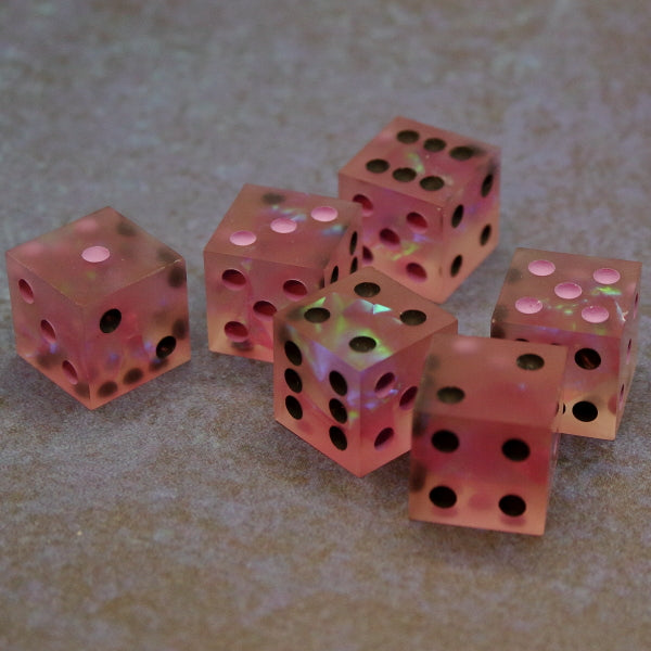 6 piece set frosty pink Pip D6s inked in an alternating matte pink and black.