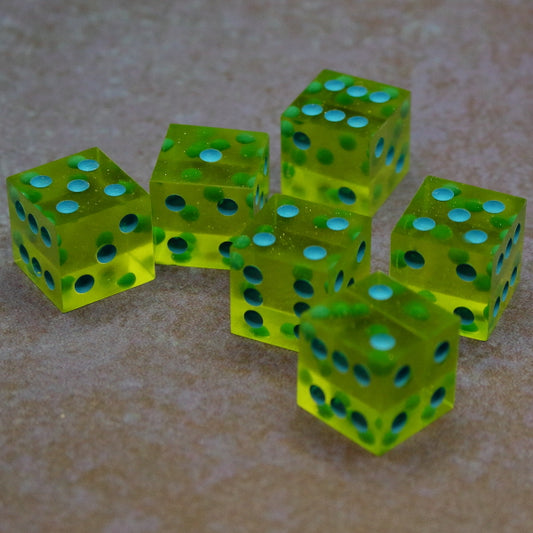6 Shimmery Clear Green D6 dice inked in light blue