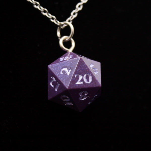 Shimmery purple D20 necklace on a 24in Stainless Steel Chain.