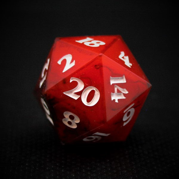 Shadowy red D20 with white ink.