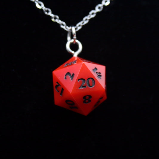 Red D20 necklace inked Black on a 24in Stainless Steel Chain.