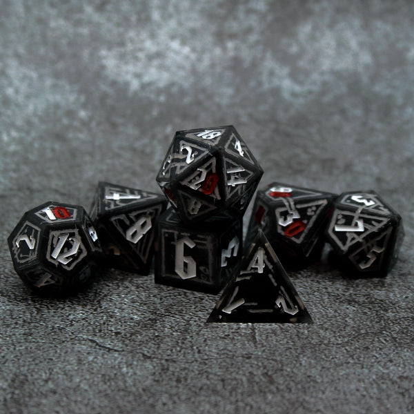 Borderlands Zer0 Themed Dice. Dark Gray Dice set with light Gray numbers. 0's are Red